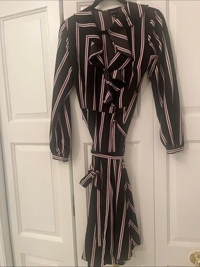 Black Striped Ruffle Wrap Dress with Belt